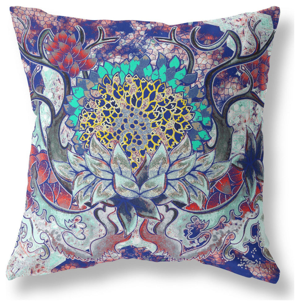 20" Blue Cyan Flower Bloom Suede Throw Pillow