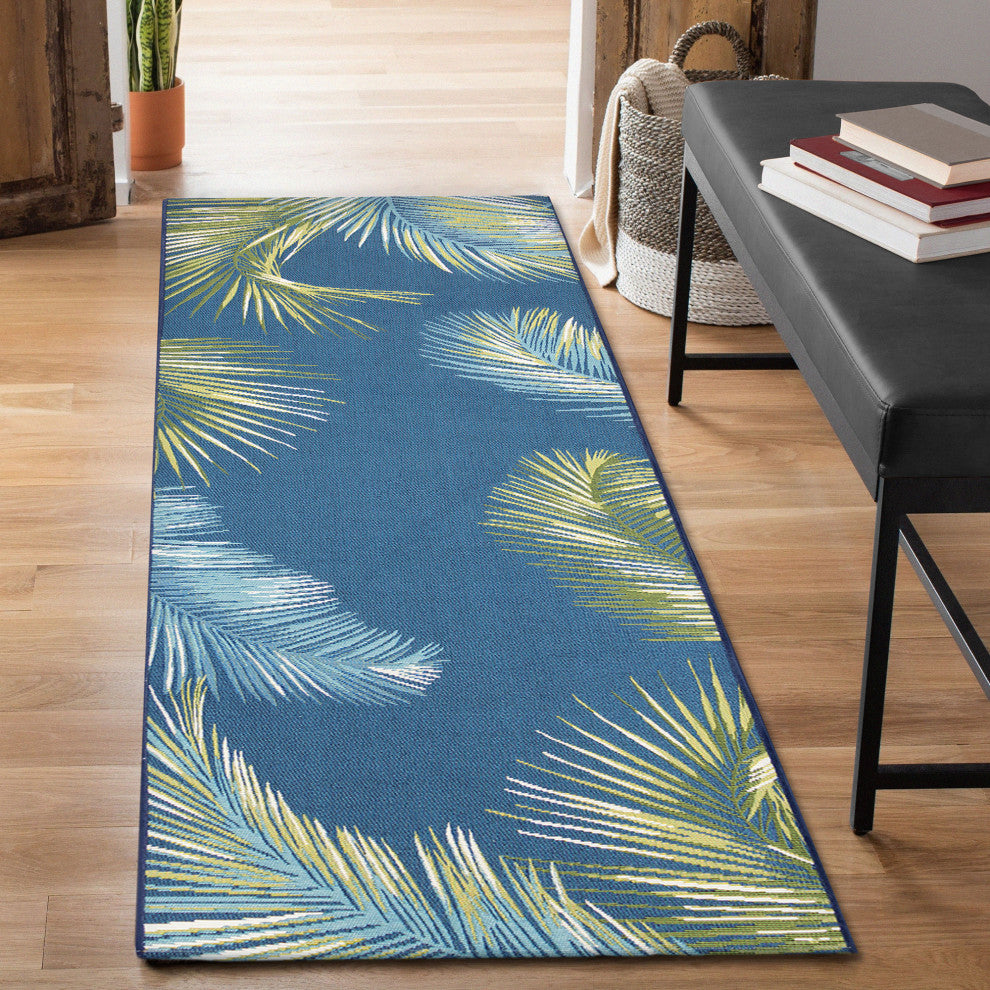Marina Palm Border Indoor/Outdoor Rug, Navy, 1'11"x7'6" Runner