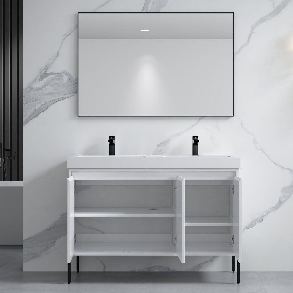 Flutie 48" Bathroom Vanity Set, White, Double Resin White Sink