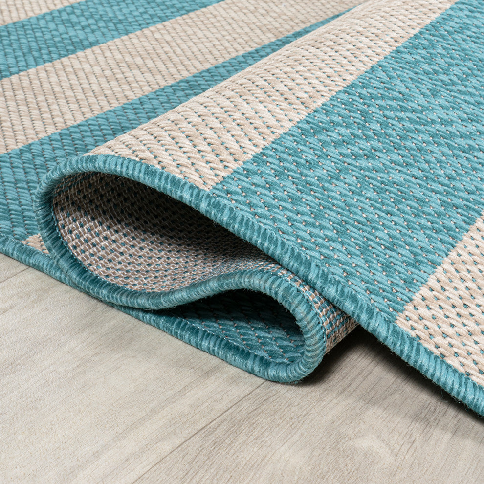 Negril Two-Tone Wide Stripe Indoor/Outdoor Area Rug, Aqua/Cream, 8x10