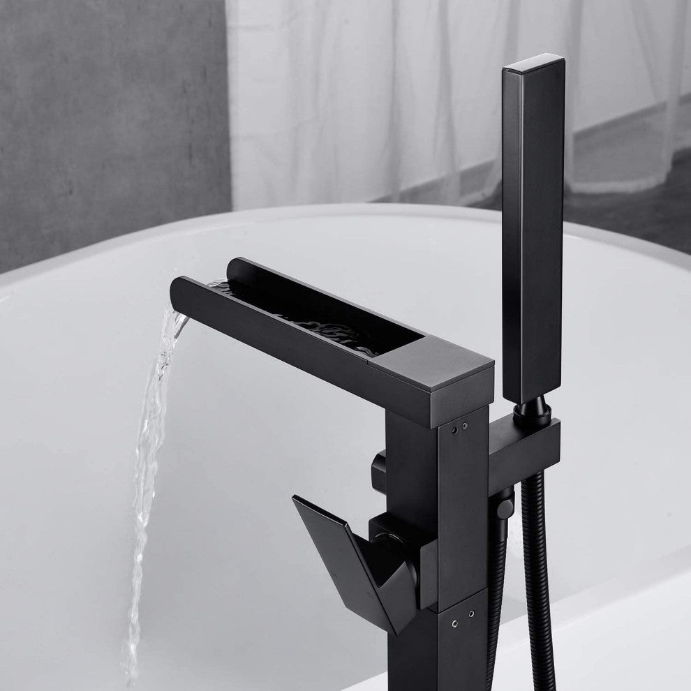 Single Handle Floor Mounted Freestanding Tub Filler with Hand Shower, Matte Blac