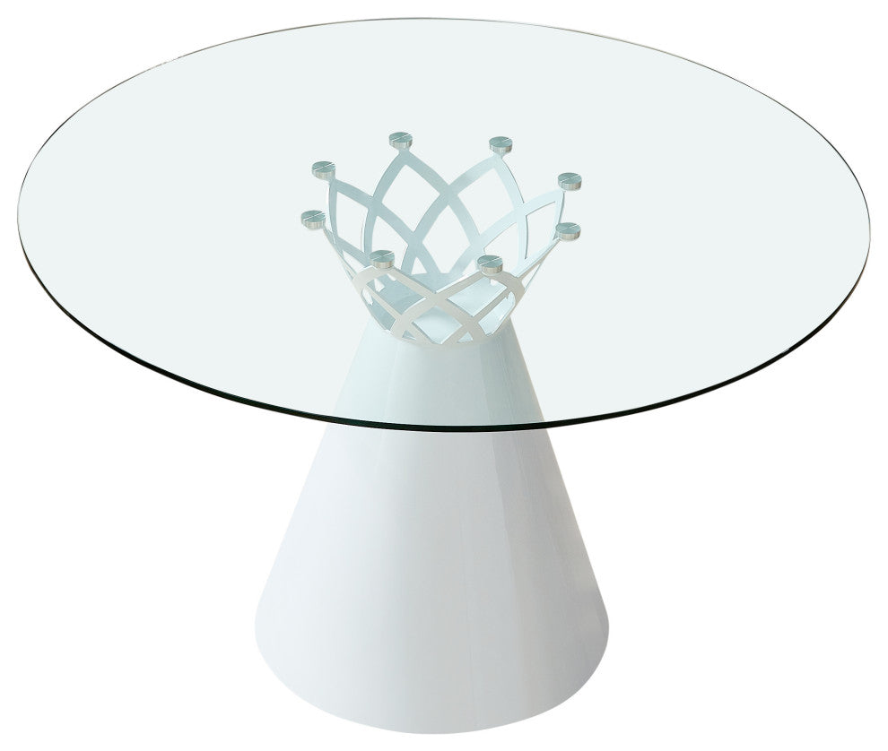 DAVEE Round Dining Table, Clear Glass Top, White Base
