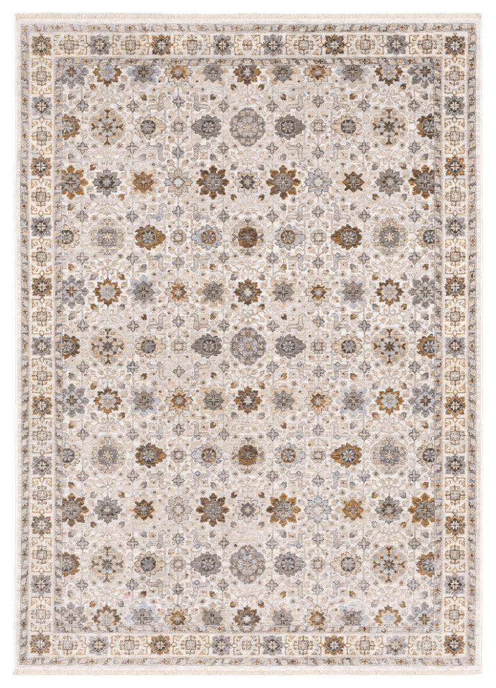 5' X 8' Ivory And Gold Oriental Power Loom Stain Resistant Area Rug With Fringe