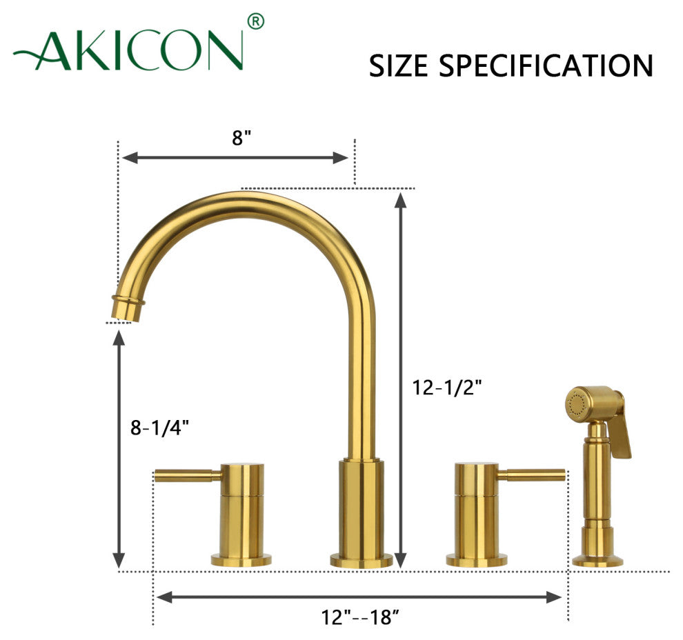 Two-Handles Widespread Kitchen Faucet With Side Sprayer- Brushed Gold