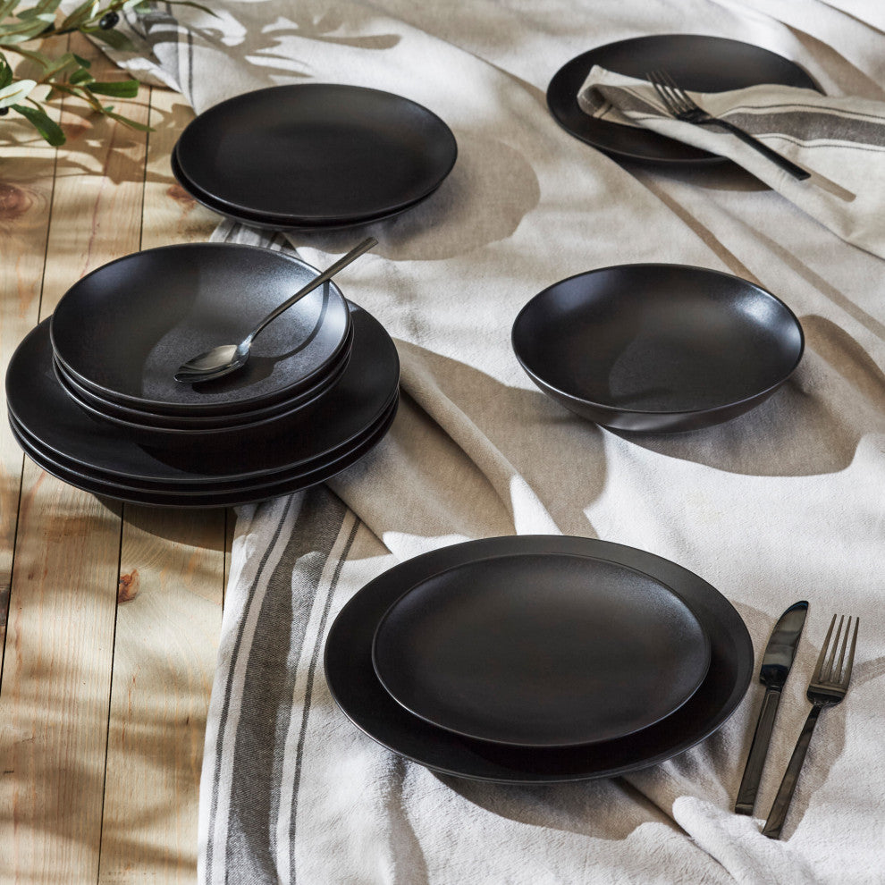 Porto by Stone Lain Semplice Stoneware Dinnerware Set, Black Matte, 12-Piece