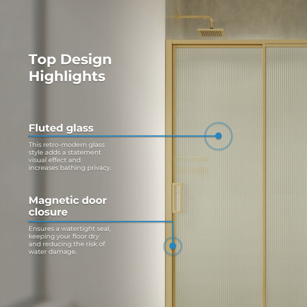 Stanford Sliding Fluted Alcove Shower Door, Brushed Gold, Fluted Glass, 48"