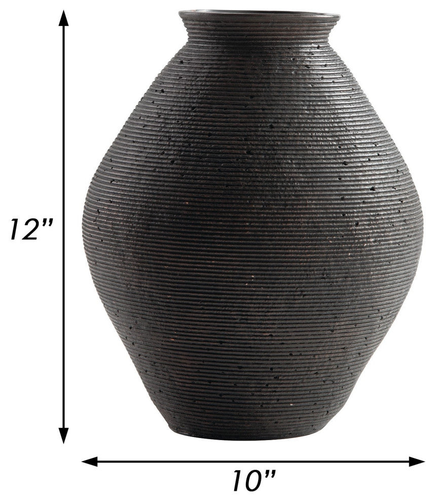 Dale 12 Inch Round Polyresin Vase, Wavy Ribbed Spiral Texture Antique Brown