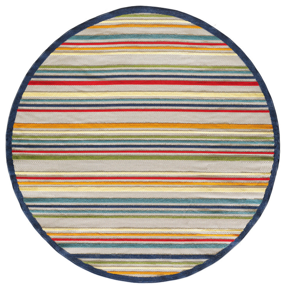8" Round Navy Colorful Striped Indoor Outdoor Area Rug