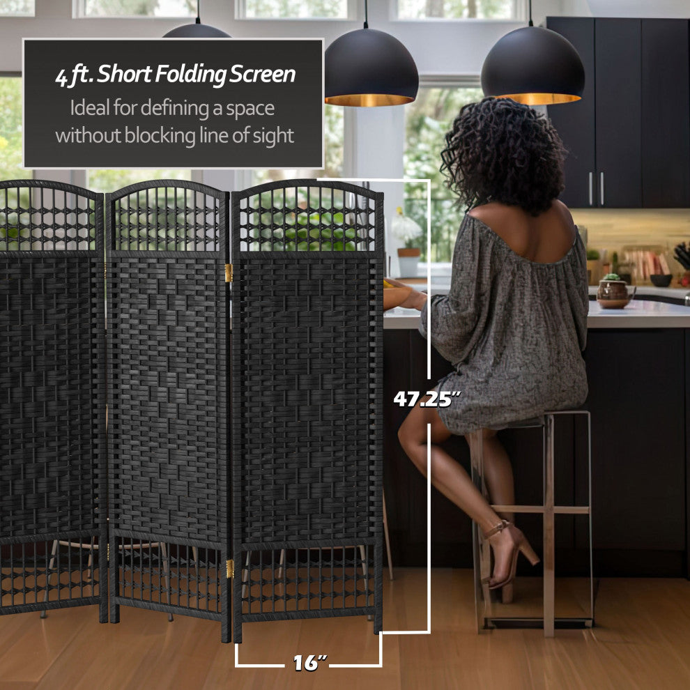 4' Tall Fiber Weave Room Divider, Black, 4 Panels