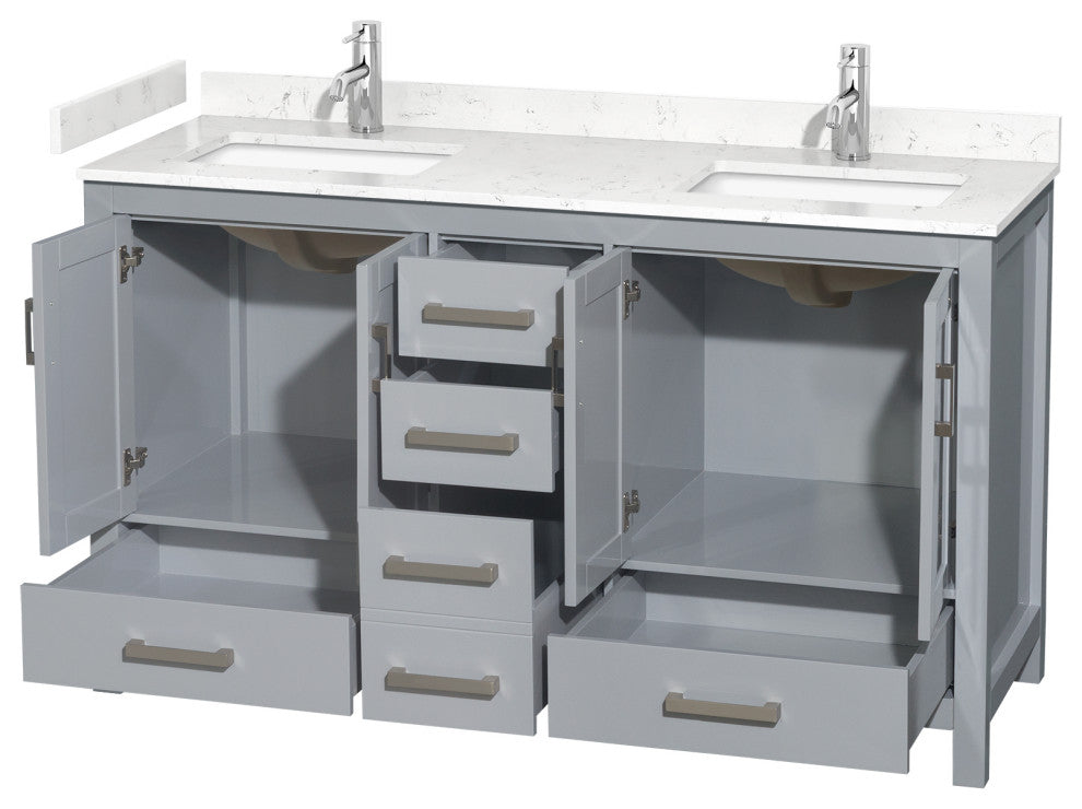 60" Double Bathroom Vanity, Gray, Carrara Cultured Marble Countertop, Sinks