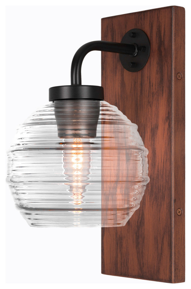 Oxbridge 1-Light Wall Sconce, Matte Black & Painted Wood-look Metal/Clear Ribbed