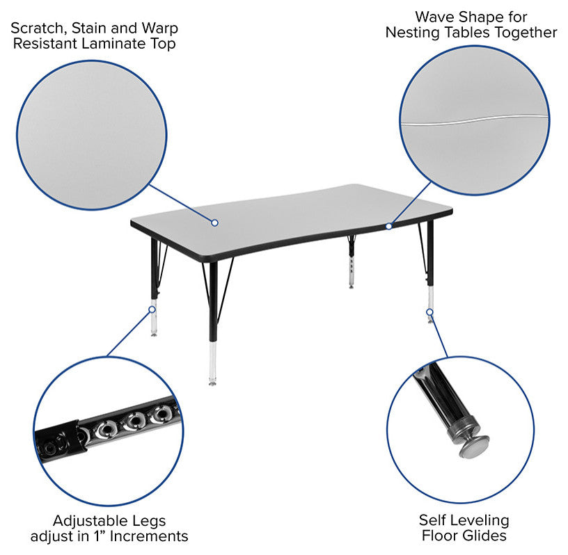 76" Oval Wave Activity Table Set with 12" Student Stack Chairs, Grey