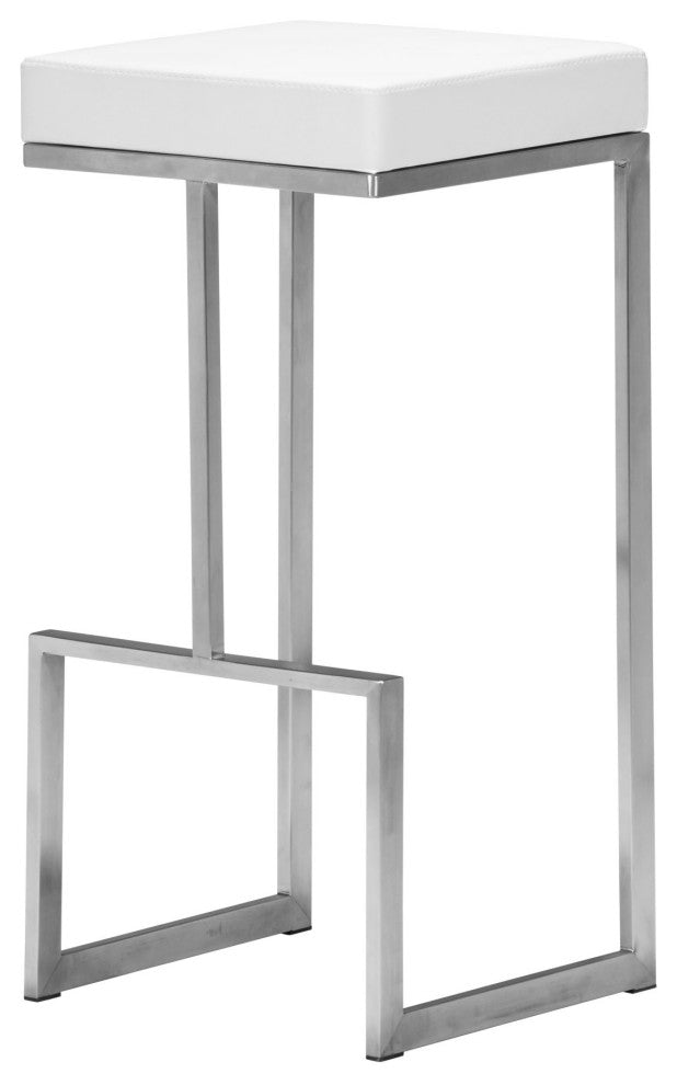 Bar Stool Chair Barstool, Set of 2, Faux Vinyl Leather, Steel, White, Silver