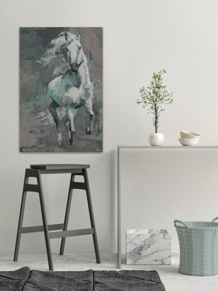 "Running White Horse" Painting Print on Wrapped Canvas, 40"x60"