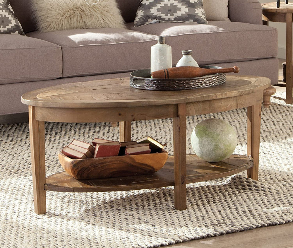 Transitional Reclaimed Wood Coffee Table, Oval Top With Storage Shelf