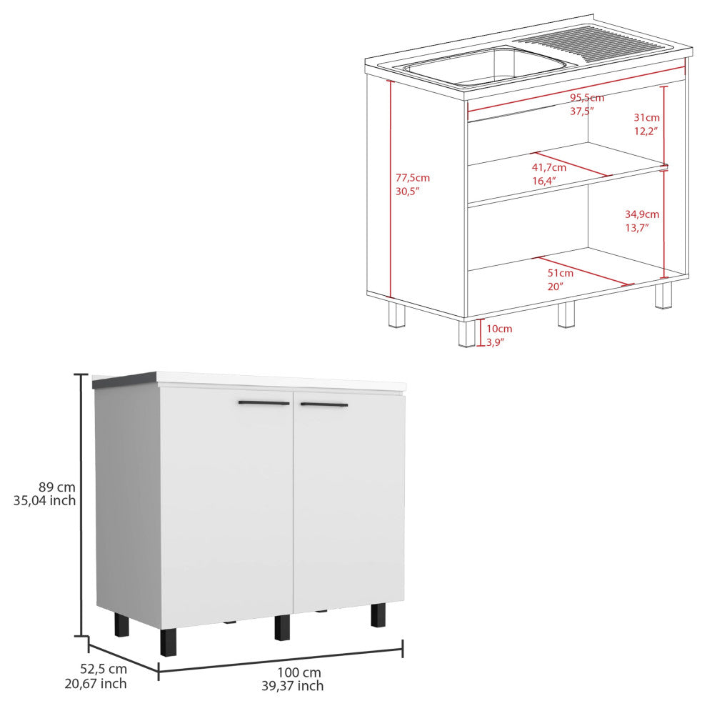 Alexandria 2 Piece Kitchen Set, Wall Cabinet + Utility Sink, White