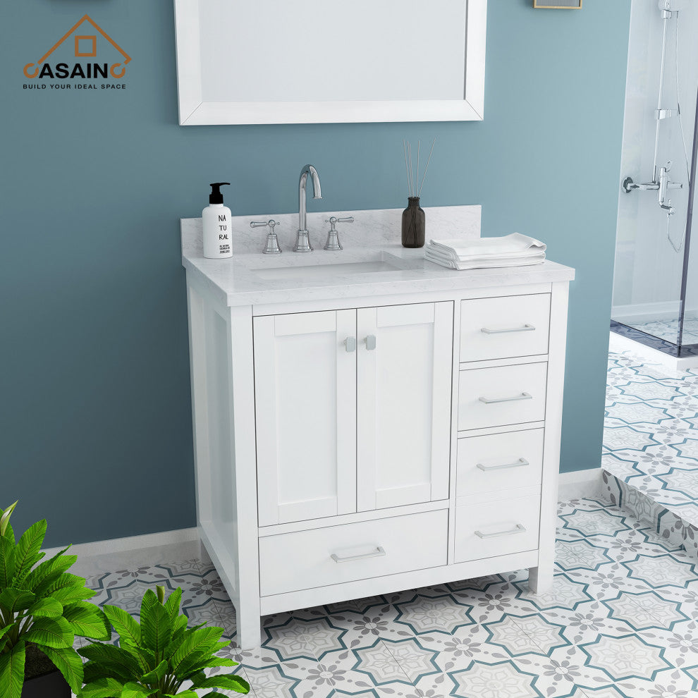 CASAINC 36" Single Sink Freestanding Marble Top Bathroom Vanity, White