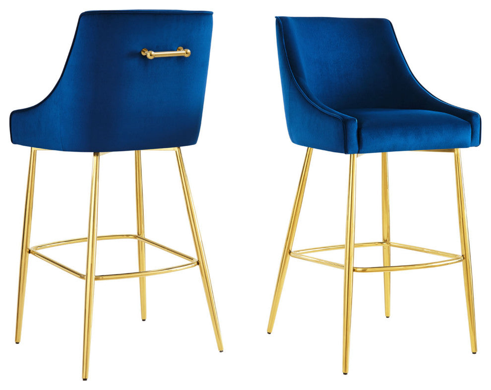 Bar Stool Chair Barstool, Set of 2, Blue Navy, Velvet, Modern, Mid Century