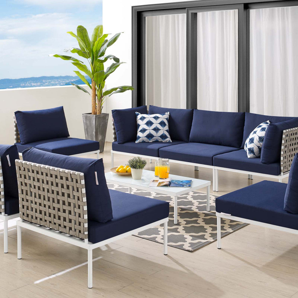 Lounge Sectional Sofa Chair Table Set, Sunbrella, Aluminum, Blue Navy, Outdoor