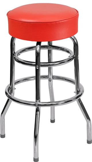 Contemporary Double Ring Chrome Barstool With Red Seat