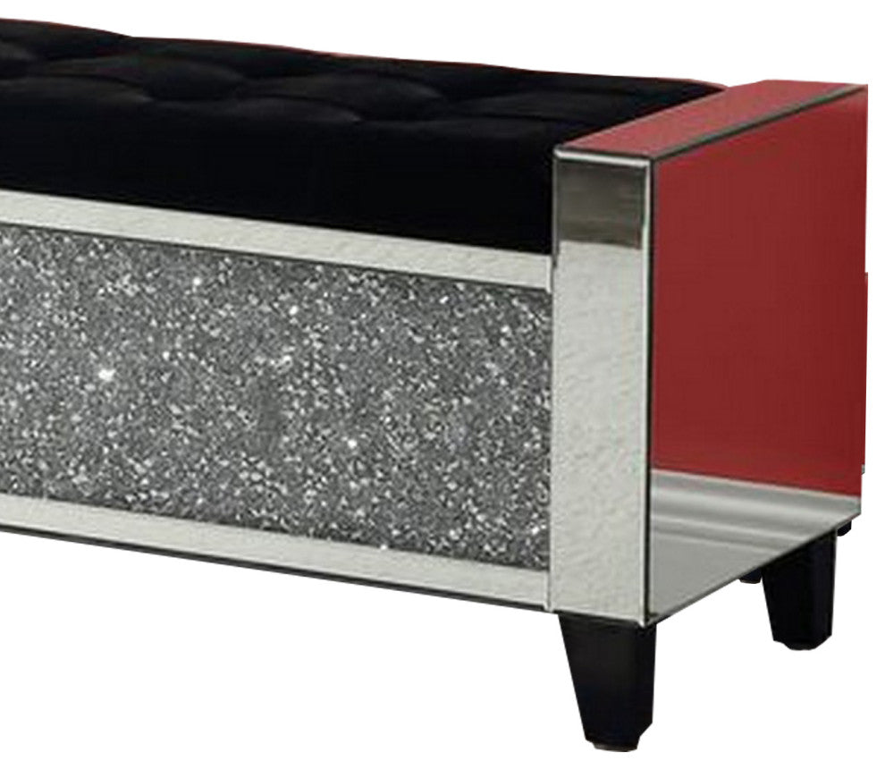 Benzara BM251182 Mirrored Bench With Tufted Fabric Seat/Faux Diamonds, Silver