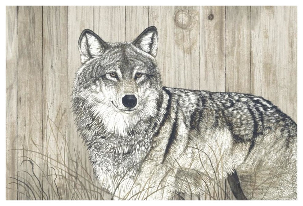 "Wolf in Grass on Barn Board" Digital Paper Print by Jacquie Vaux, 38"x26"