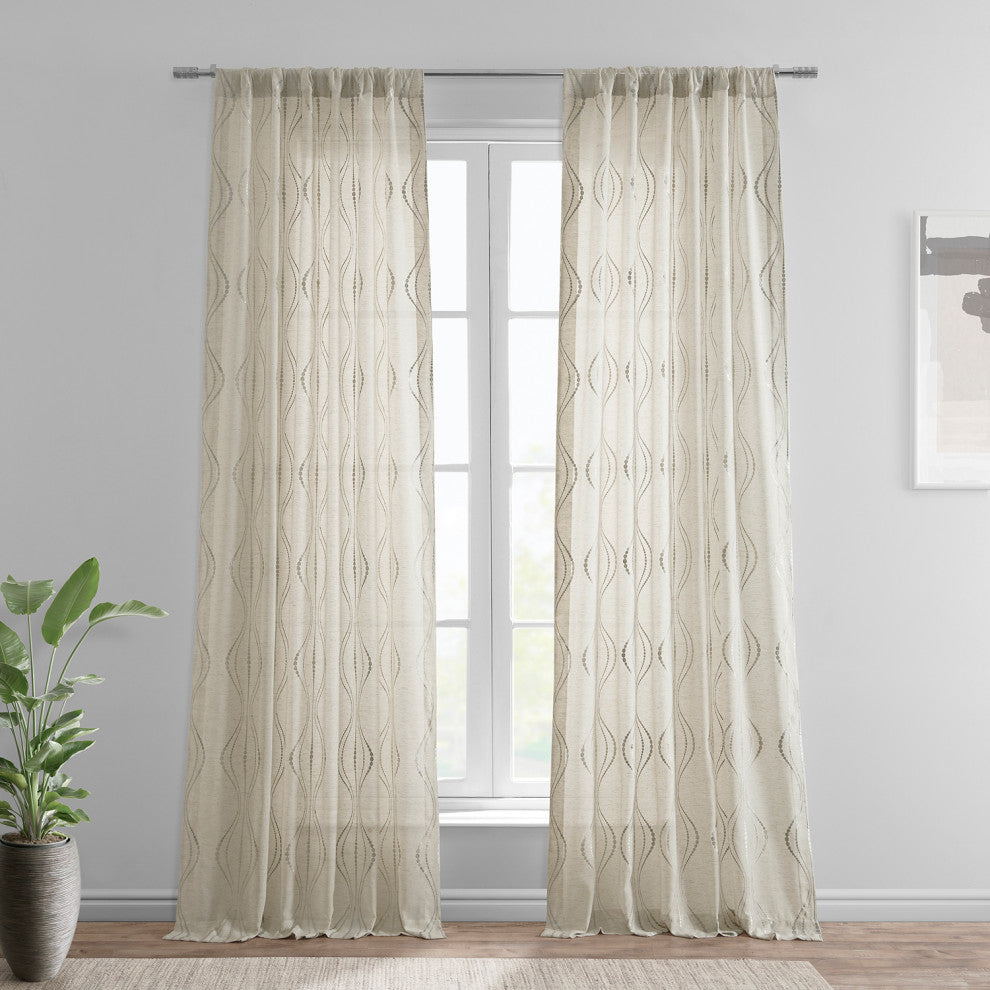 Suez Natural Embroidered FauxLinen Sheer Curtain Single Panel, 50"x120"