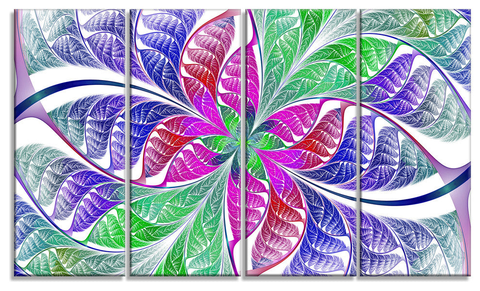 Flower like Fractal Stained Glass, Abstract Wall Art Canvas, 48"x28", 4 Panels