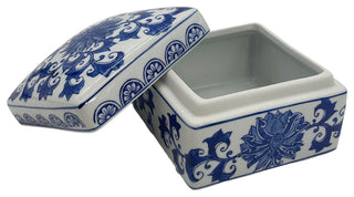 Blue & White Chinoiserie Square Ceramic Box - Lotus