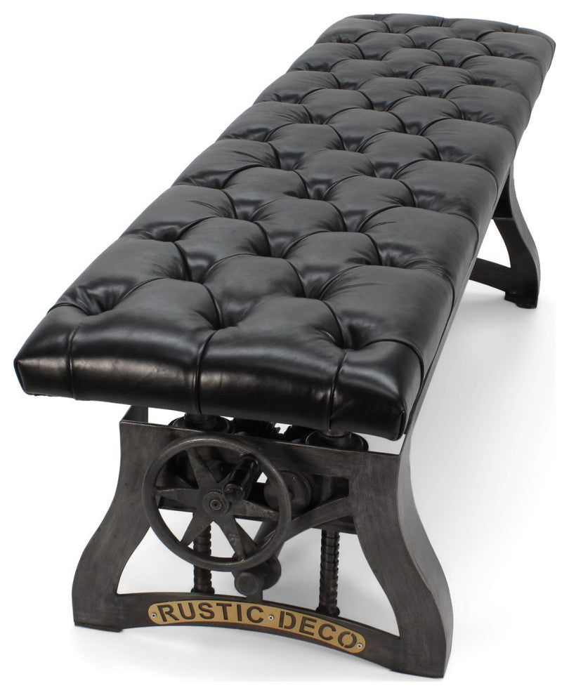 Crescent Industrial Dining Bench - Adjustable Iron Base - Black Leather Seat