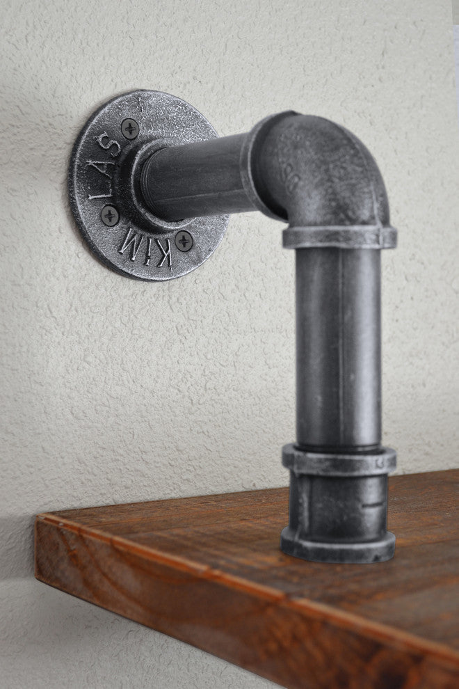 London Industrial Floating Silver Brushed Gray Pipe Wall Shelf, Walnut