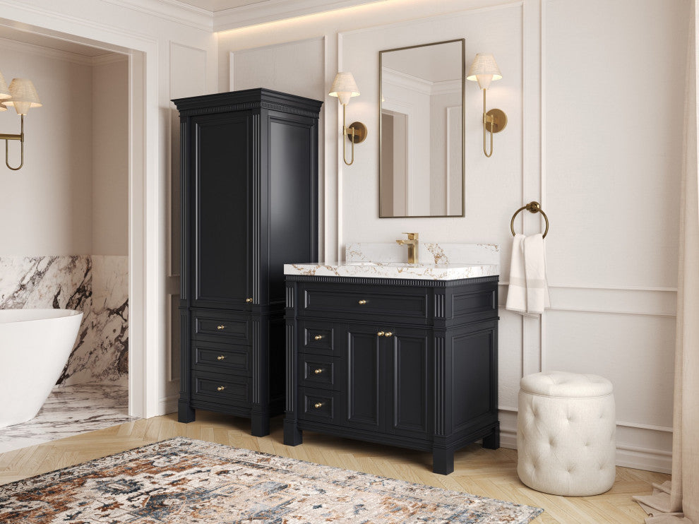 Paris 36" Center Sink Bathroom Vanity, Black 2" Calacatta Gold