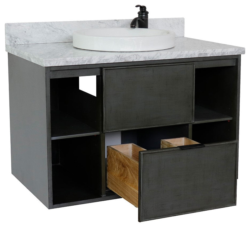 37" Single Wall Mount Vanity, Linen Gray Finish With White Carrara Top