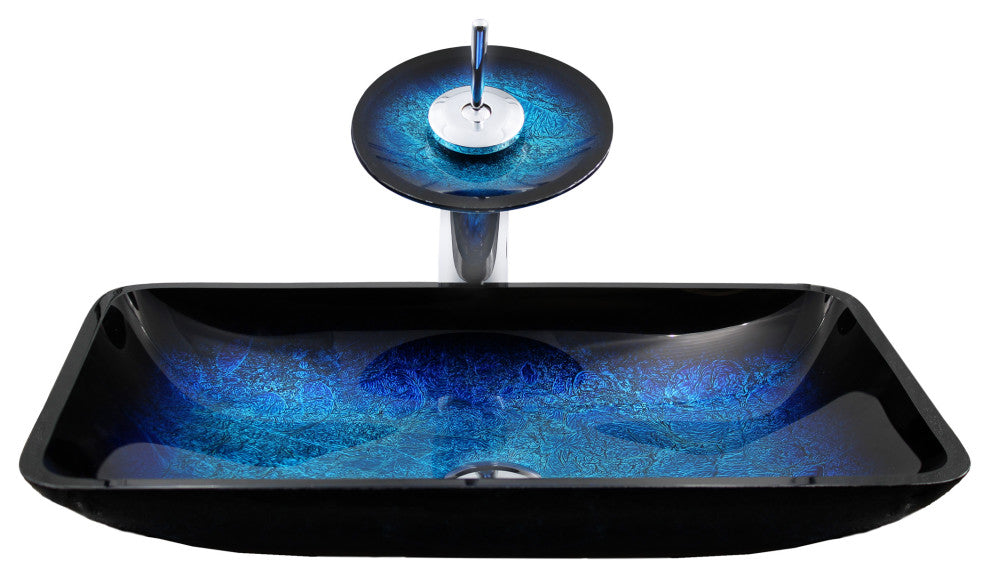 The Fresca Rectangle Shallow Blue Foiled Glass Bath Sink Combo Faucet Drain, Chrome