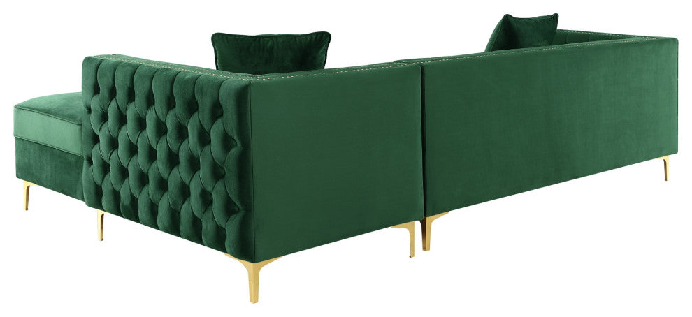 Jeannie Velvet Tufted With Nailhead Trim Sectional, Hunter Green, Right Facing
