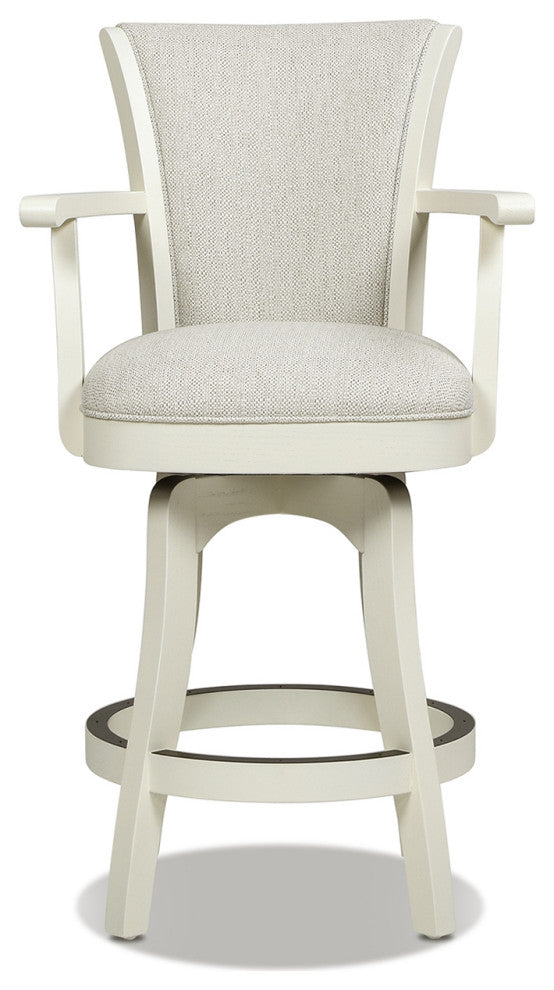 Williams Swivel Bar and Counter Stool With Armrests, White Pepper Stain Resistant Polyester & White Oak Wood, Counter Height