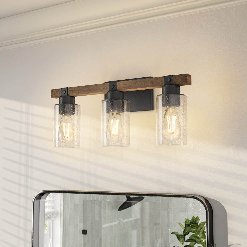 3 Light Washed Wooden and Black Vanity Bath Light