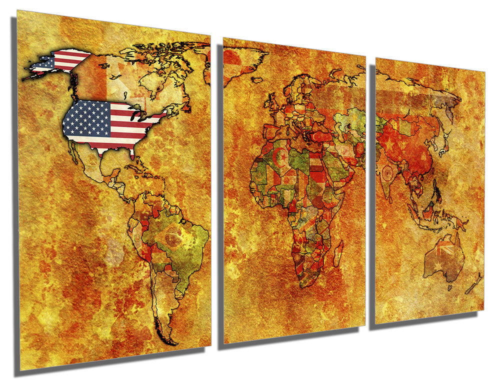Flag World Map Metal Print Wall Art, 3 Panel Split, Triptych Wall Art,
