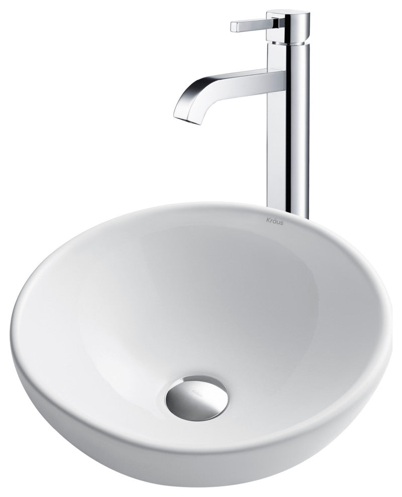 Elavo Round Ceramic Vessel Sink, Bathroom Ramus Faucet, PU Drain, Chrome