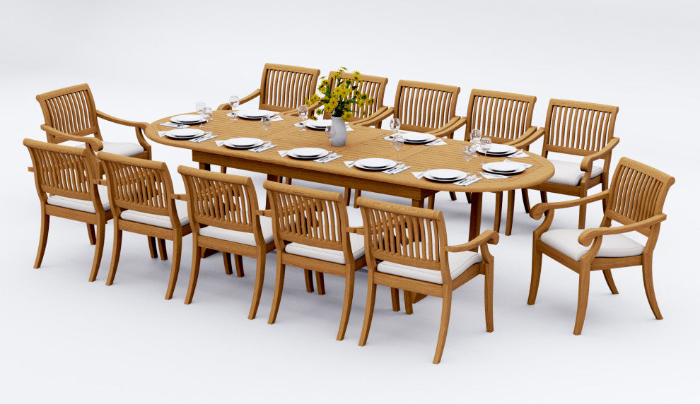 13-Piece Outdoor Teak Dining Set: 117" Masc Oval Table, 12 Arbor Arm Chairs