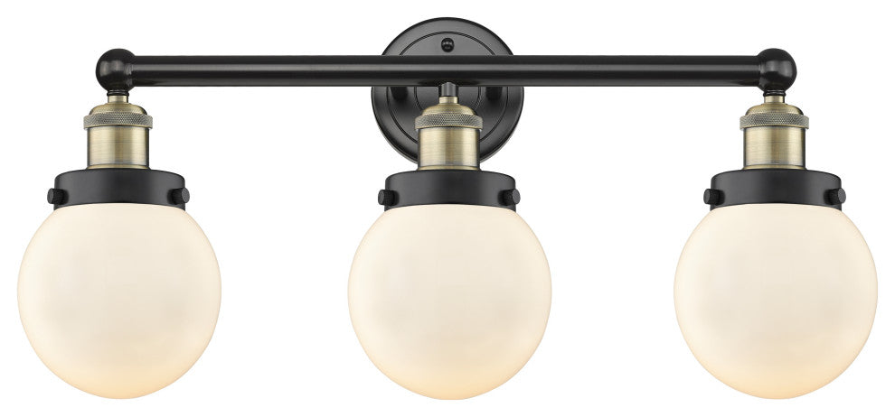 Small Edison Beacon-3 Lt 25"Bath Vanity Lt-Black Antique Brass-Matte White Shade