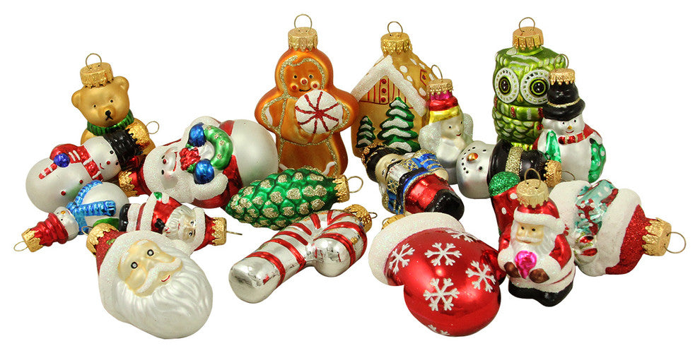 Gingerbread Angel Santa and Owl Glass Figure Christmas Ornaments, Set of 18
