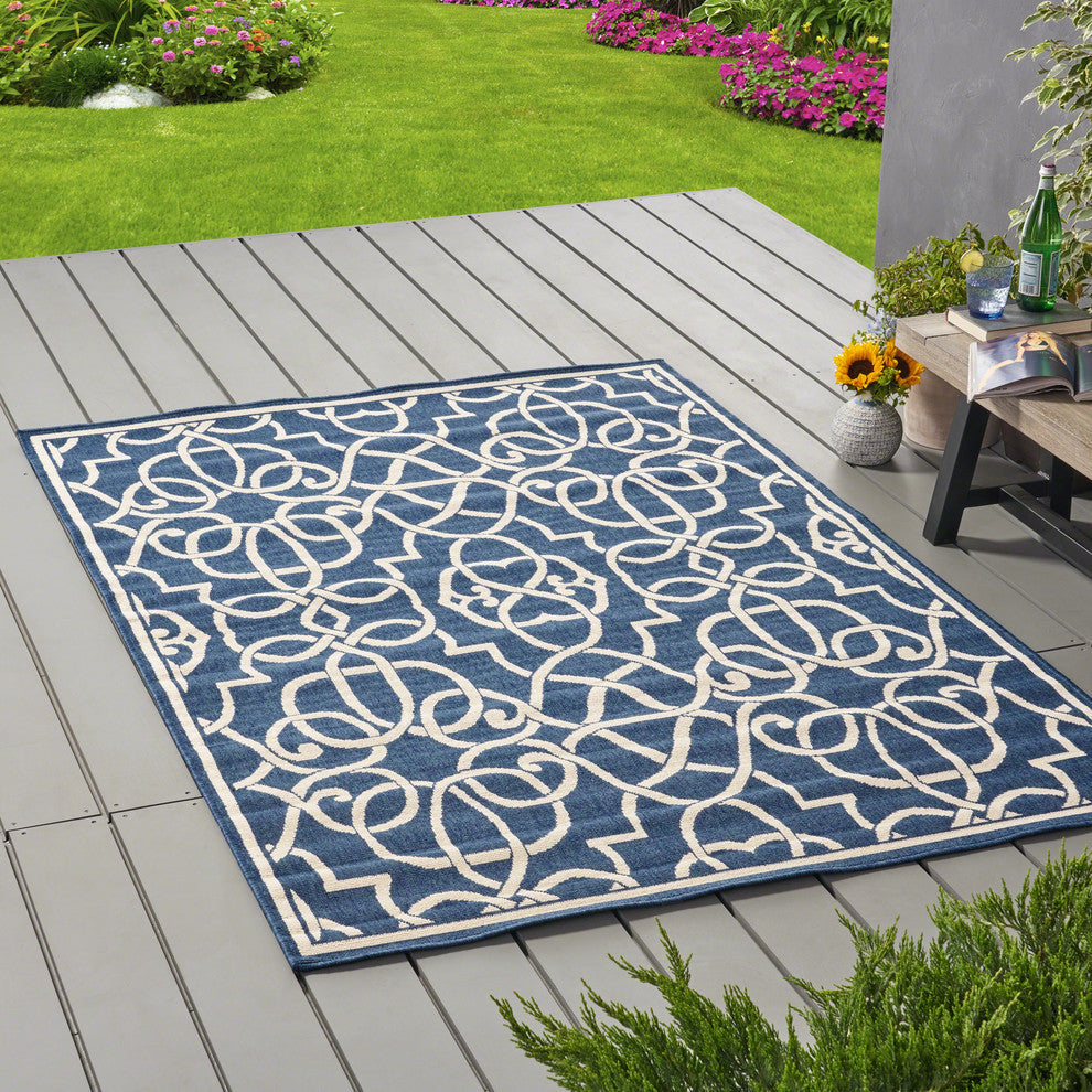 GDF Studio Alfonso Outdoor Geometric  Area Rug, Navy and Ivory, 5'x8'
