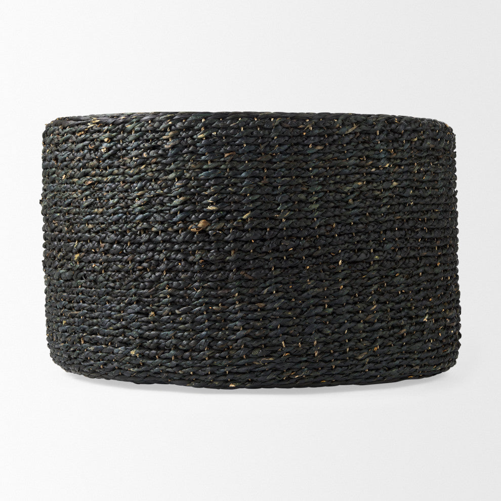 Dina 75Lx75Wx45H Black Cornhusk and Water Hyacinth Round Coffee Table Pouf