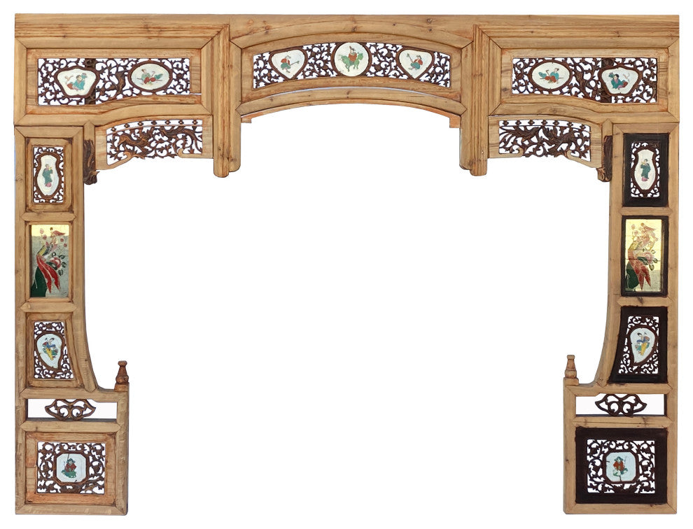Vintage Chinese Arch Shape Carving Porcelain Graphic Wood Wall Art, Hws2254