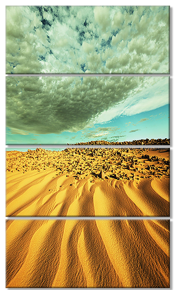 Dramatic Sky Above Sand Desert, Landscape Wall Art on Canvas, 28"x48", 4 Panels