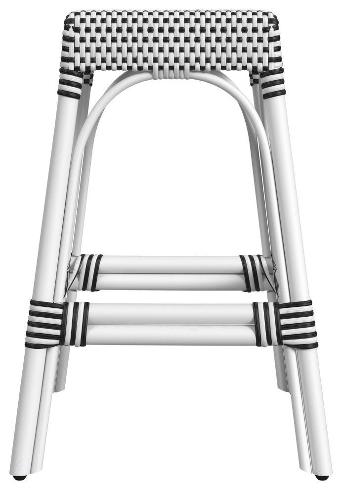Robias Rectangular Rattan 24.5" Counter Stool, Black and White (White Frame)