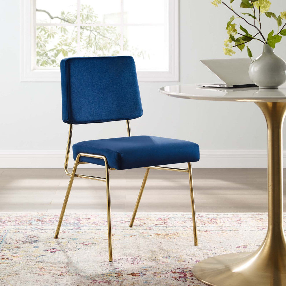 Side Dining Chair, Velvet, Metal, Gold Blue Navy, Modern, Cafe Bistro Restaurant