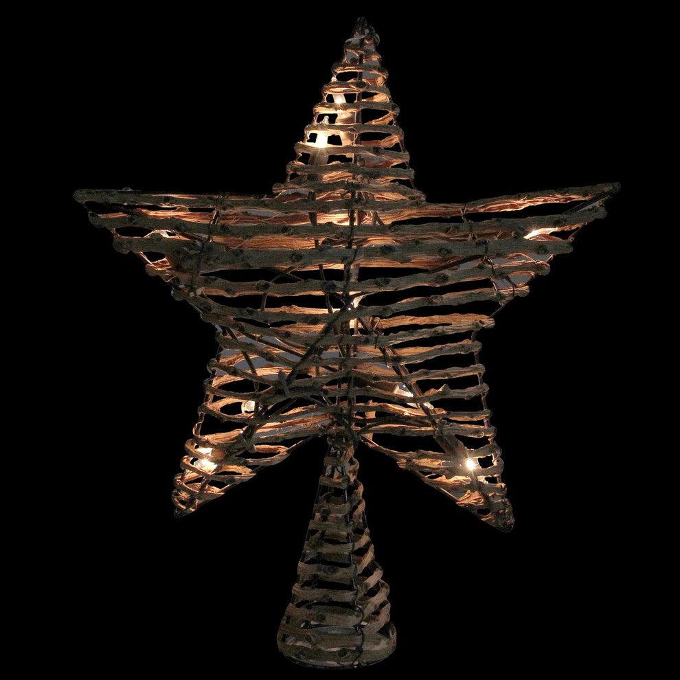 11.5" Natural Brown Rattan Star Christmas Tree Topper - Clear Lights