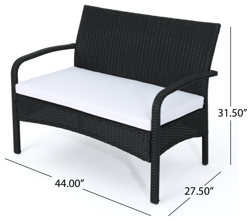 GDF Studio 4-Piece Clayton Outdoor Black Wicker Chat Set With White Cushion
